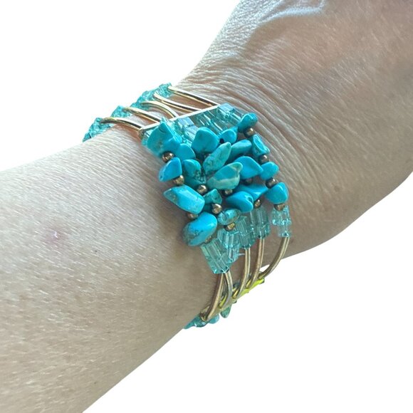 Turquoise Chip Bead Cuff Bracelet Multi Strand Wire Wrap Vintage Style Jewelry - Picture 4 of 9